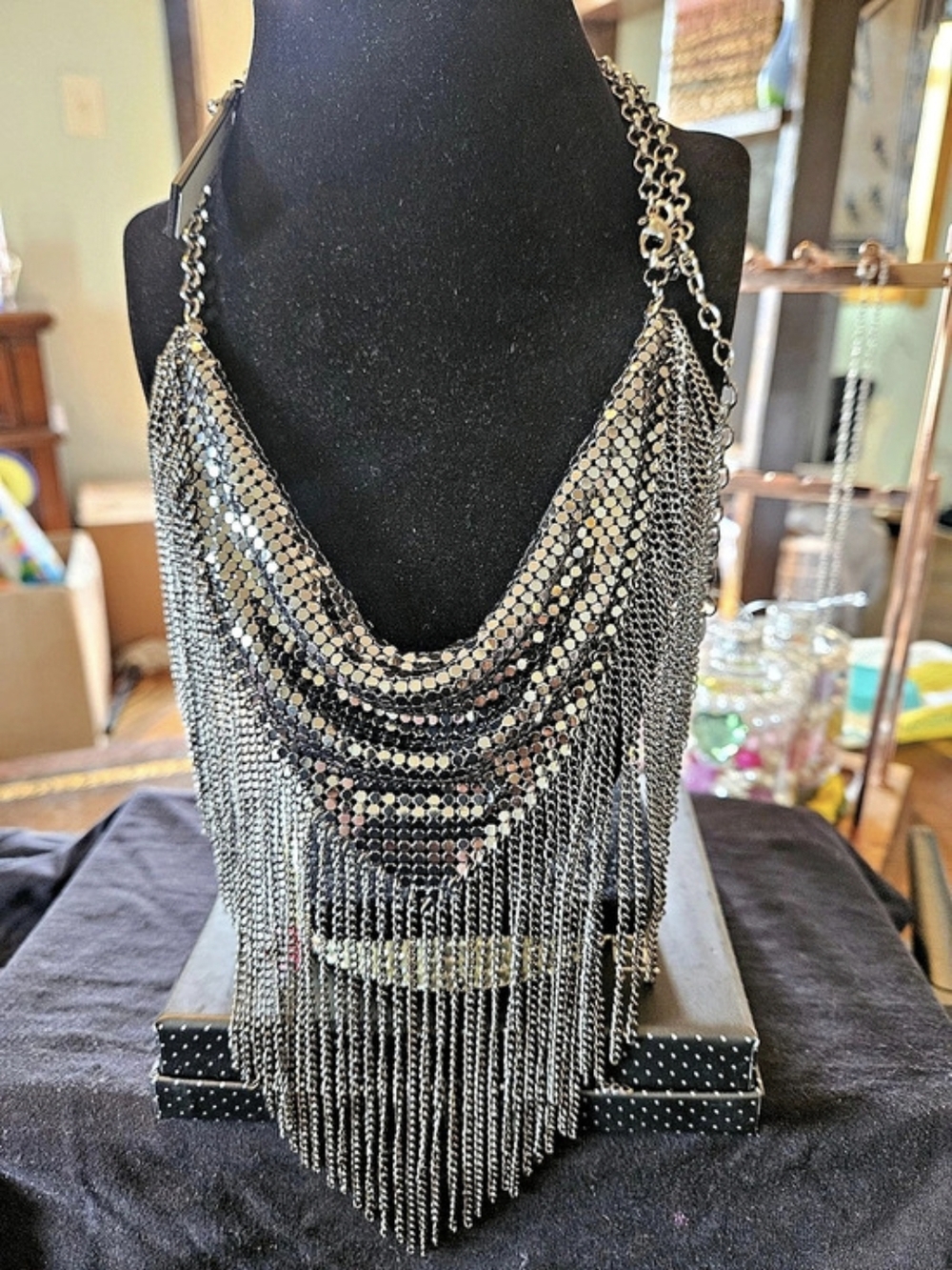 Layered Fringe Mesh Necklace in Black & Silver NWT